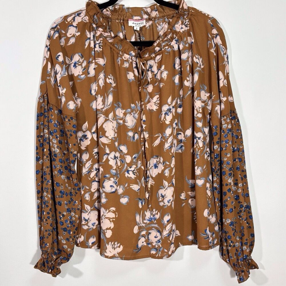 NEW Andree Floral Peasant Pullover Top Women’s Small Brown Drawstring Tie Neck